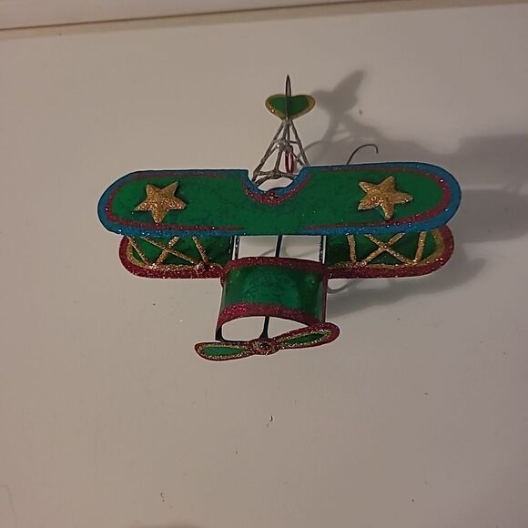 Tin/Glitter Bi Plane Ornament - Picture 1 of 6